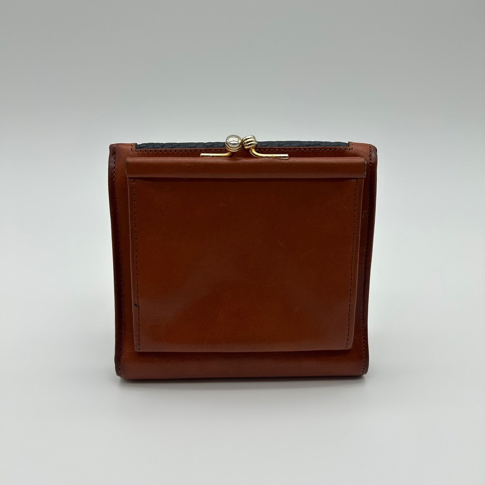 Vintage Dooney & Bourke Trifold Wallet Womens Navy Blue Tan Kiss Lock Leather - Picture 4 of 14